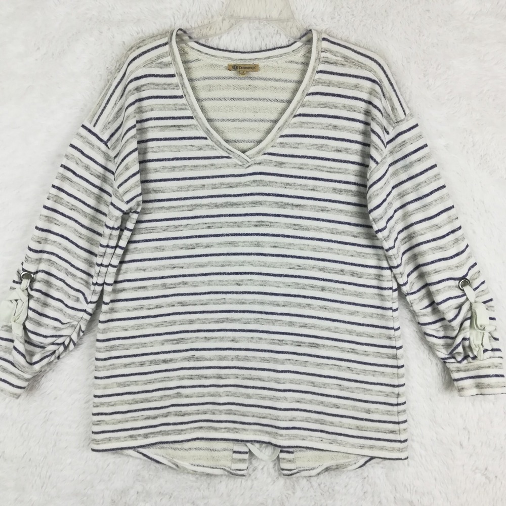 Democracy Sweatshirt Womens Ivory Gray Stripe Pullover V Neck Tie Back Sleeve S